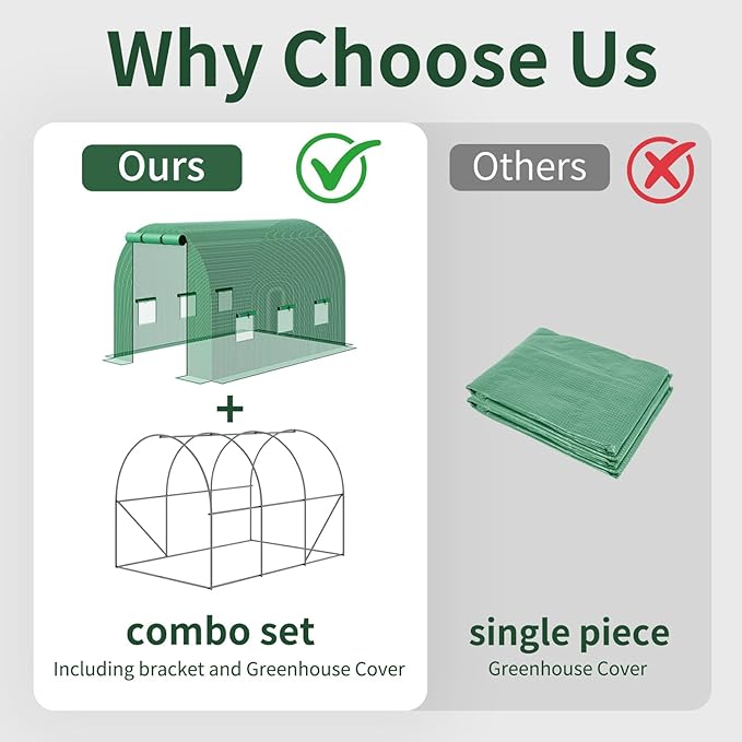 Superlele 10x7x7FT Tunnel Greenhouse for Outdoors, Heavy Duty Walk in Greenhouse, Large Garden Green House with Reinforced PE Mesh Cover, 6 Windows with Screen, Stakes and Ropes, Green