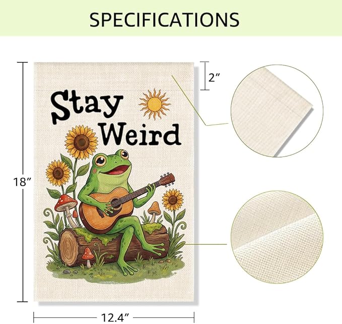 RZHV Stay Weird Double-Sided Garden Flag for Outdoor House Yard Sign Garden Decor Parade, Funny Frog Playing Guitar Sun Vertical Flag, Diversity Inclusive Outdoor Lawn House Patio Banner Decoration