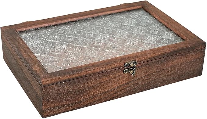 Keepsake Box - Vintage Wooden Decorative Box with Glass Lid for Jewelry, Trinket, Photo & Memory Storage (Large)