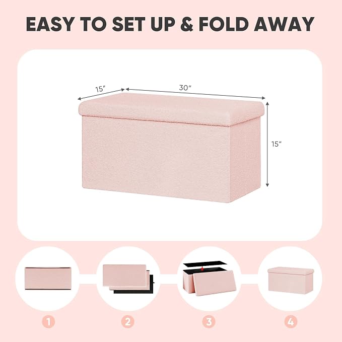 PINPLUS Folding Storage Ottoman Bench, Sherpa Ottoman with Storage, Large Long Shoes Bench Chest with Lid, Footrest for Living Room, Entryway, Pink 30'' x 15'' x 15''