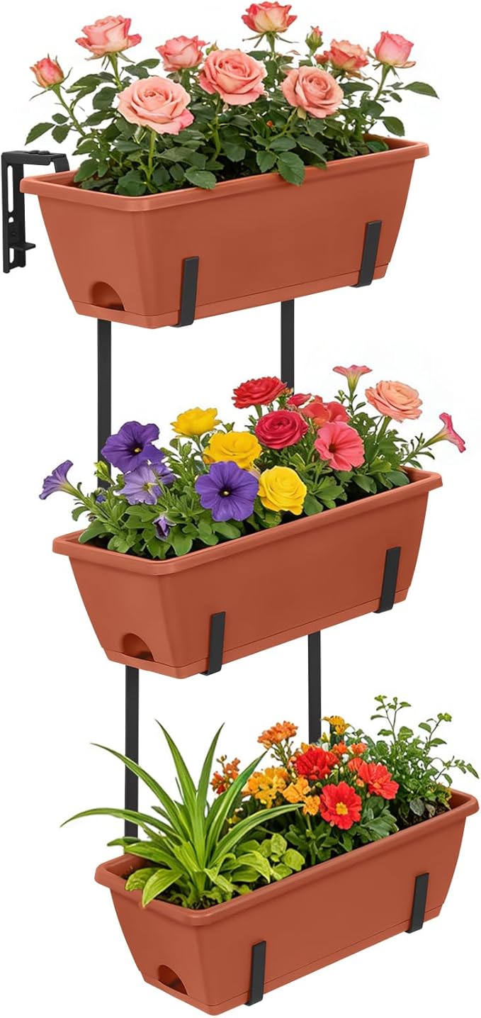 OYEAL Railing Planter Box Outdoor 3 Tier Vertical Hanging Flower Pots with Adjustable Brackets Window Boxes Planter Plastic Flower Pots for Patio, Deck, Porch Railing, Balcony Fence, Brick Red