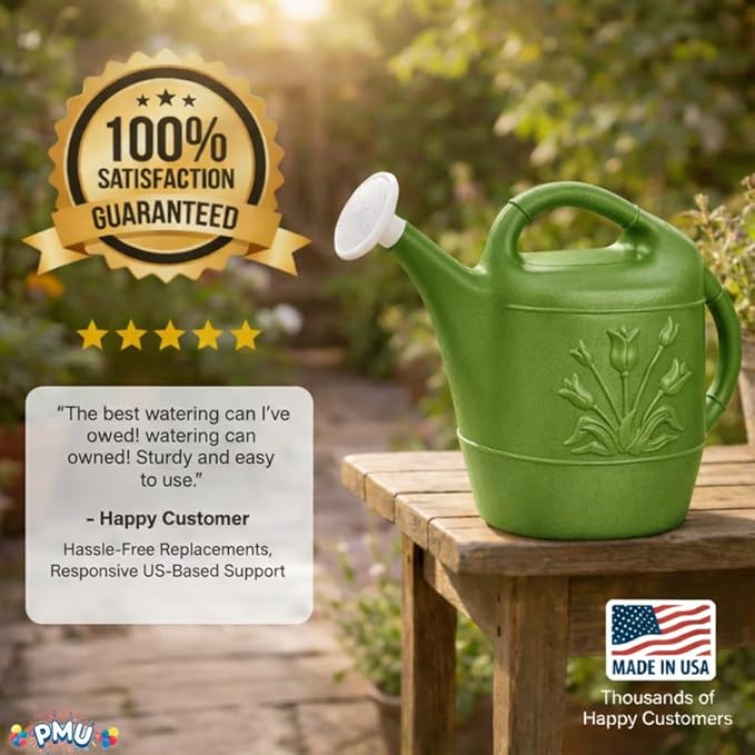 PMU 2 Gallon Watering Can - Garden Watering Can for Indoor & Outdoor Plants - Plastic Water Can with Detachable Sprinkler Head - Large Water Pot, Made in USA - Sage Green Pkg/3