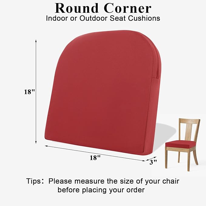 Topotdor Outdoor Chair Cushions for Patio Furniture,Waterproof Patio Chair Cushions Set of 2,Indoor/Outdoor Round Corner Chair Seat Cushion with Ties,18"x18"x3" Red