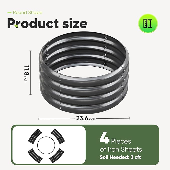 KING BIRD Raised Garden Bed Galvanized Round Planter Box Outdoor for Gardening, Plants, Vegetables, Flowers, Dark Grey, 24x24x12 in 3 Packs