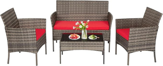 FDW | 4-Piece Patio Furniture Set | Gray & Red |Outdoor Wicker Furniture with Coffee Table | Modern Rattan Chairs Conversation Set | Outdoor Seating | Weather-Resistant | for Porch, Garden, Lawn