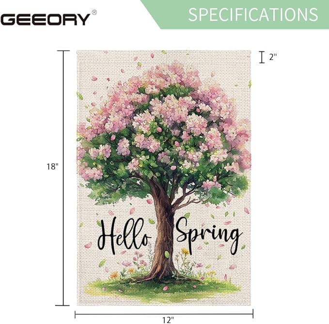GEEORY Spring Garden Flag 12x18 Inch, Pink Floral Tree Double Sided Spring Summer Small Floral Flag, Farmhouse Rustic Outdoor Decor for Outside Yard Lawn Decoration