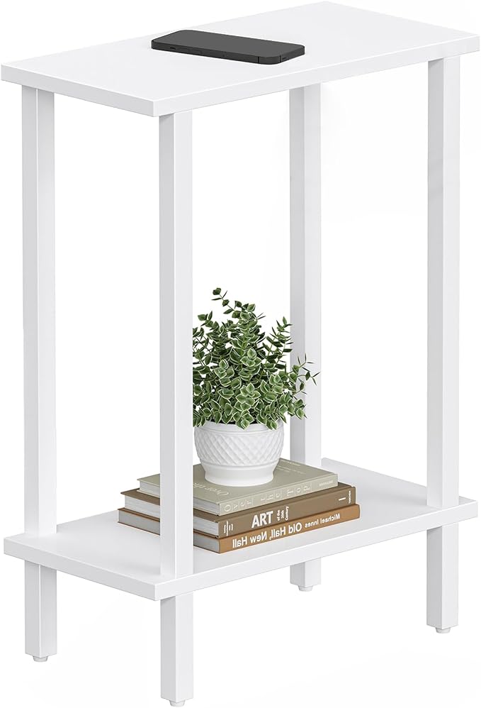 TUTOTAK Narrow Side Table, 2-Tier Small End Table for Couch | Skinny Sofa Table, Slim Nightstand, Easy Assembly for Living Room, Bedroom, White TB01BW062