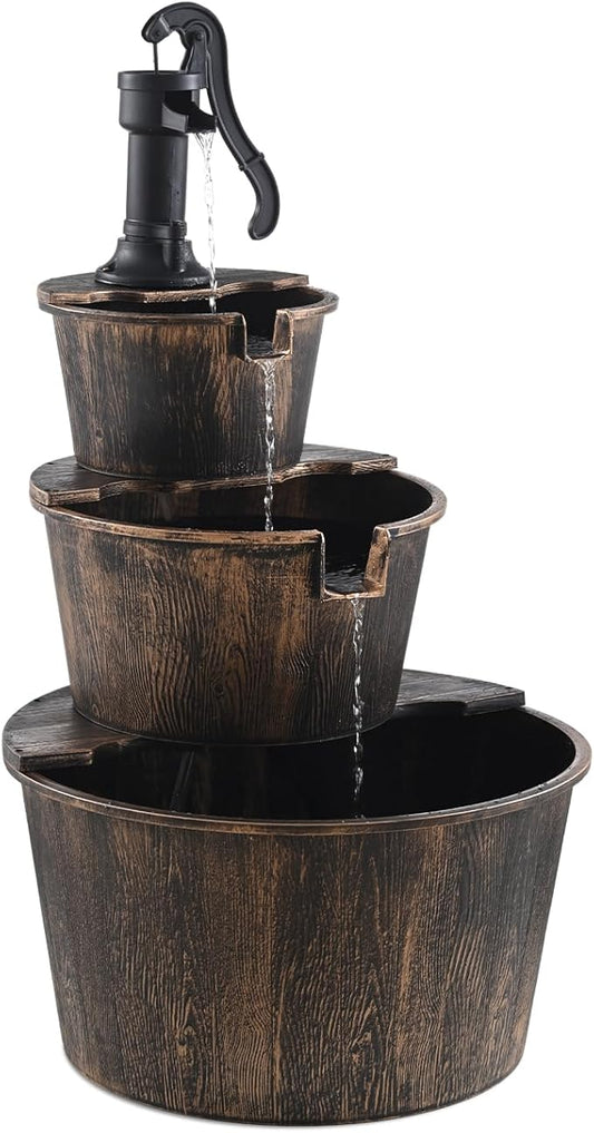 3-Tier Freestanding Rustic Barrel Waterfall Fountain,40-Inch Wood Outdoor Water Fountain with Pump for Garden,Patio, Backyard and Porch