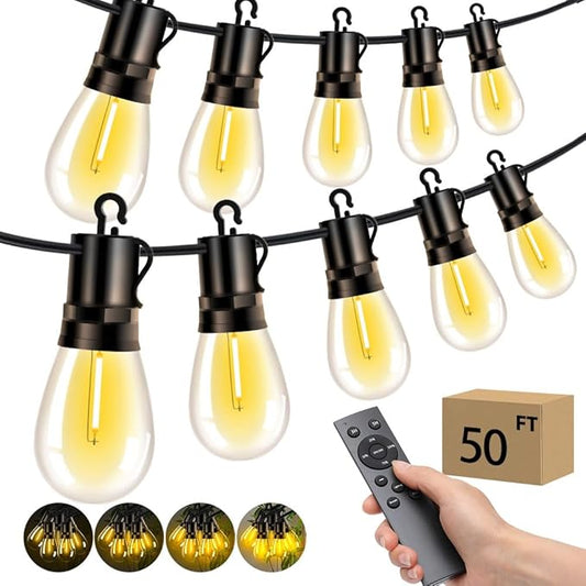 Outdoor Patio String Lights: S14 Shatterproof Bulb Outside Waterproof Light - 50Ft 15M Remote Dimmable Connectable Hanging Outdoor Electric Lighting - Garden Backyard Yard Gazebo Porch Party