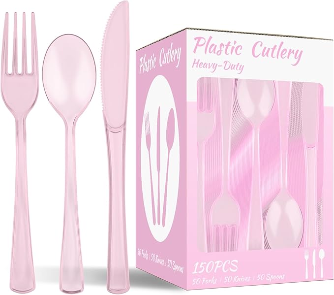 150 PCS Plastic Silverware Disposable Silverware Heavy Duty Utensil Sets 50 Of Each Forks Knives & Spoons Disposable Cutlery Set For Easter,Birthday,Baby Shower,Garden Party,Wedding(150,Pink)