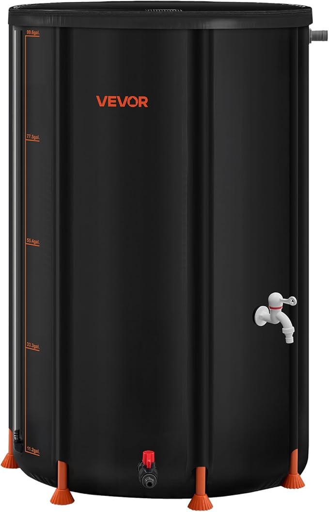 VEVOR Collapsible Rain Barrel, 100 Gallon Portable Rain Water Collection Barrel, 1000D PVC Rainwater Collection System, Garden Water Catcher Tank Storage Container with Spigot & Overflow Kit, Black