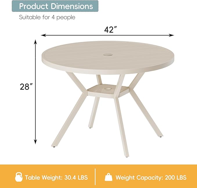 42" Outdoor Patio Table Dining Table, All Weather Metal Round Patio Table with Adjustable Umbrella Hole, Patio Furniture for Lawn Garden Backyard, Sandshell