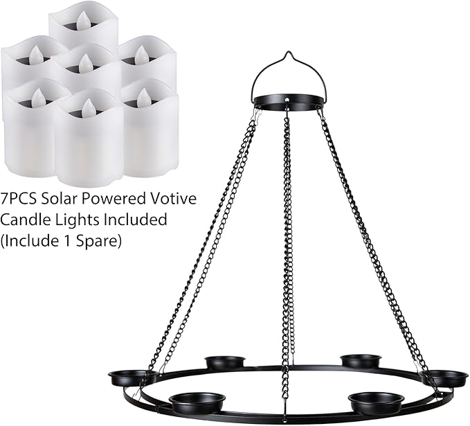 Outdoor Chandelier Solar, Hanging Candle Lantern with 7pcs Solar Powered Votive Lights in Matt Black Finished Metal Candle Holders for Home, Garden, Backyard, Pergola, Gazebo, Tree, Window Decor