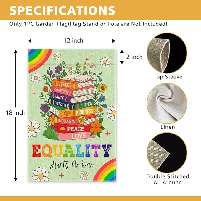 Equality Hurts No One Garden Flag, Funny LGBTQ Yard Sign for Outside, BLM Equality Social Justice Kindness Diversity Inclusion Civil Rights Banner for Bookworm, Pride Month Yard Outdoor Décor