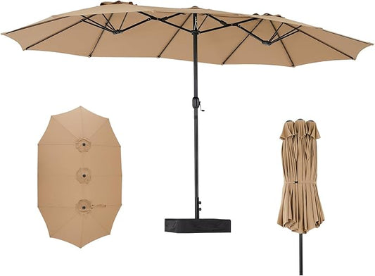 DUMOS 15FT Large Patio Umbrella with Base Included, Rectangle Table Umbrella Outdoor Patio, Outside Umbrellas for Deck, Market, Backyard, Khaki