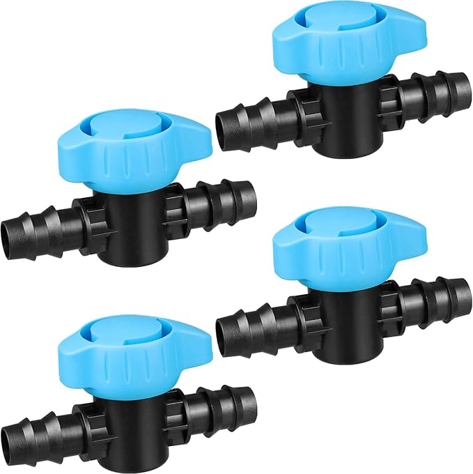 JAYEE Drip Irrigation Valve Tubing Fittings 1/2 inch, 4 Pcs Barbed Switch Valves Drip Line Parts For 1/2 Inch Drip Irrigation Tubing (.570-.620" ID), Shut Off On Water Flow For Sprinkler Systems