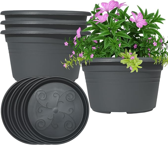 VIDELLY 10 Inch Gray Flower Pots 4-Pack, Plastic Planters with Drainage Hole & Tray, Indoor Outdoor Plant Pots for House Plants, Garden, Patio, Office Home Decor – Modern Decorative Plant Containers