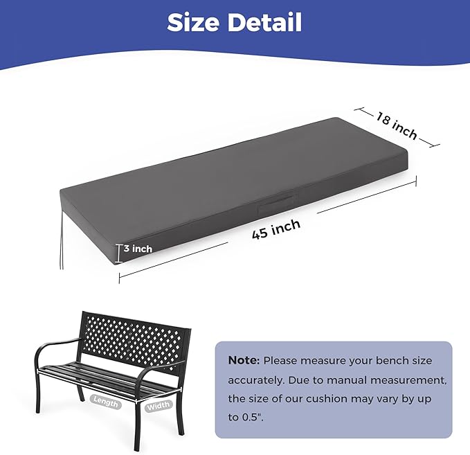 IPYNBAP Outdoor Bench Cushions for Outdoor Furniture, 45x18x3 Inch, Waterproof Bench Pillow, Fade Resistant Long Bench Seat Pads for Garden, Indoor, Porch Swing, Dark Grey