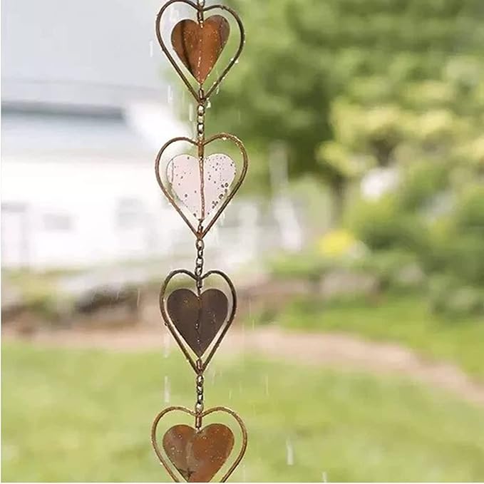 Hanging Rain Chains, Creative Kettle/Heart/Butterfly/Ring/Bell Style Link Rain Chain with Metal Chains for for Office Window Stone Wall Decorative Wall Art Ornaments (Heart Style)