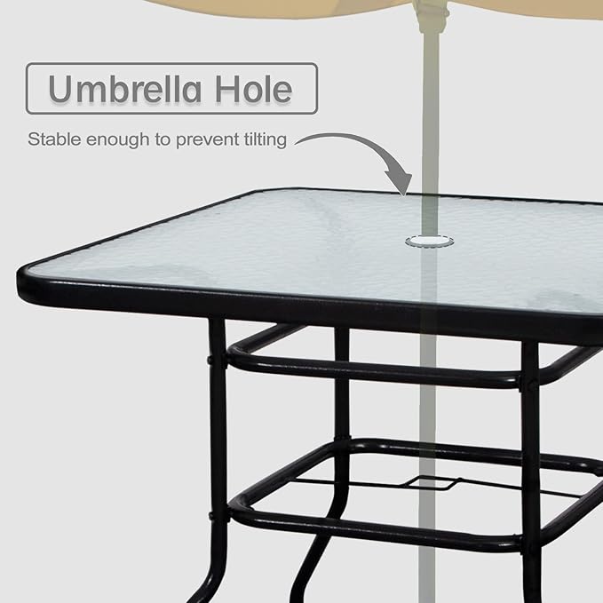 DIMAR GARDEN 32" Outdoor Coffee Table with Umbrella Hole, Patio Square Side Bistro Table with Glass Top, Black