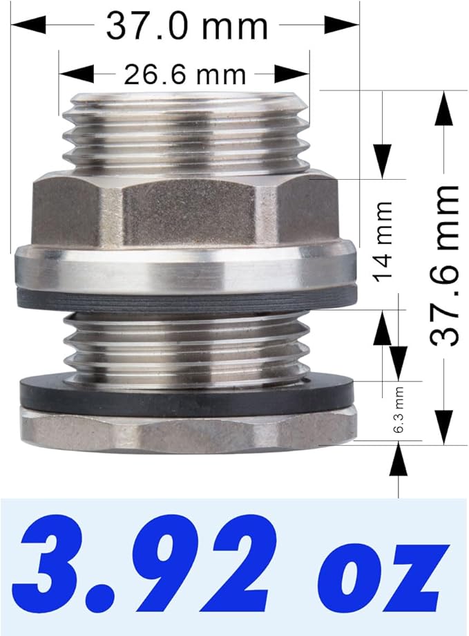 SSBF020 Stainless Steel 304 Bulkhead Tank Fitting (Double Female 1/2” NPT/FIP and Male 3/4" MHT Garden Hose Threaded, w/Step Gasket) (1)