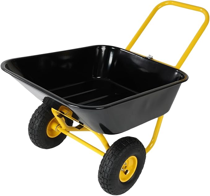 Two-Wheeled Barrow, Garden Cart, 10-Inch Pneumatic Wheels (Yellow + Black) Yellow+Black High Load Bearing Stability Garden, Warehouse Use