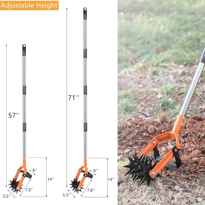Rotary Cultivator Tool,71 Inch Hand Tiller for Gardening, 2-in-1 Garden Weeding Hoe and Crumbler for Soil Mixing or Reseeding Grass