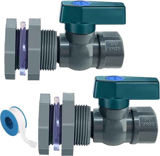 2 Pack PVC Spigot Garden Rain Barrel Faucet Kit 3/4 Inch Drain Valve with Bulkhead Fitting + Thread Seal Tape
