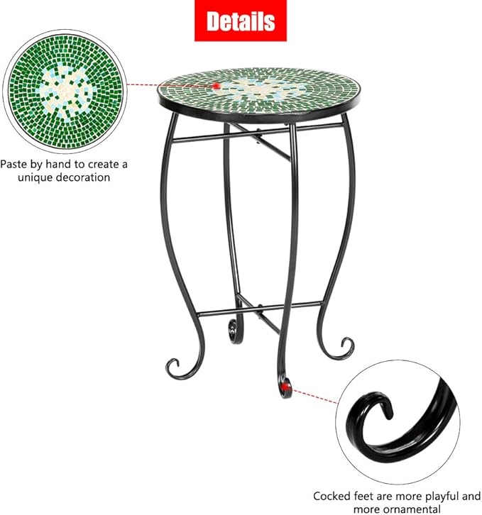 Mosaic Patio Table,Outdoor Side Table,14inch Accent Table Plant Stand Decor, Small Vintage Outdoor End Table with Stained Glass Mosaic & Iron Frame for Patio Garden Balcony Poolside (Green Flower)