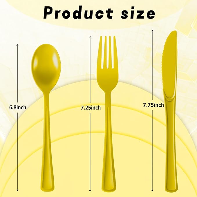 Plastic Silverware 300 PCS Disposable Silverware Heavy Duty Utensil Sets 100 Of Each Forks Knives & Spoons Disposable Cutlery Set For Easter,Birthday,Baby Shower,Garden Party,Wedding(300,Yellow)