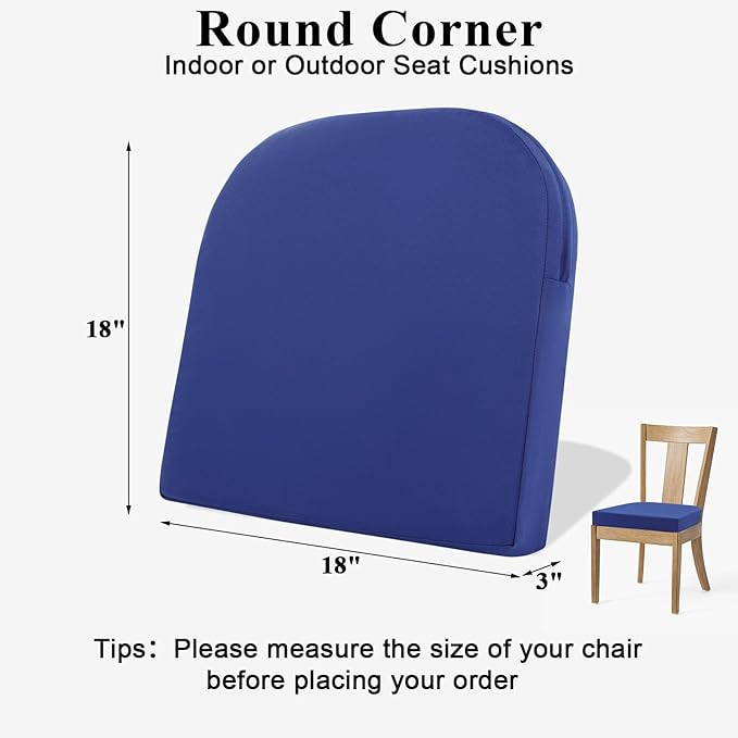 Topotdor Outdoor Chair Cushions for Patio Furniture,Waterproof Patio Chair Cushions Set of 4,Indoor/Outdoor Round Corner Chair Seat Cushion with Ties,18"x18"x3" Blue