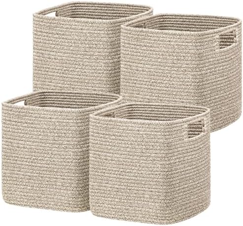 UBBCARE Set of 4 Storage Basket-13 X 13 X 13 in, Cotton Rope Baskets for Shelves, Toys, Book, Cube Storage Bins with Handles, Woven Storage Basket for Organizing, Mix-Brown