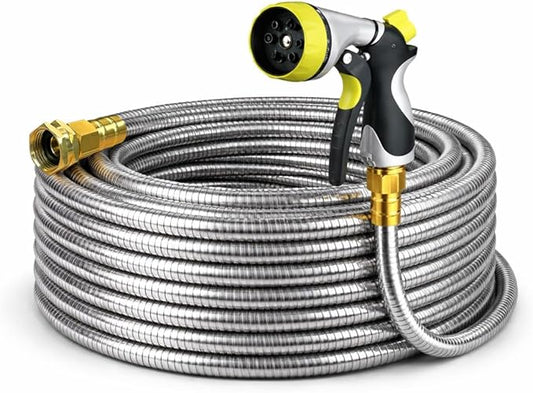 Metal Garden Hose 100 ft – 304 Stainless Steel Water Hose with Nozzle Sprayer, Garden Hoses Flexible, Lightweight, No Kink, Heavy Duty for Outdoor (100 ft)