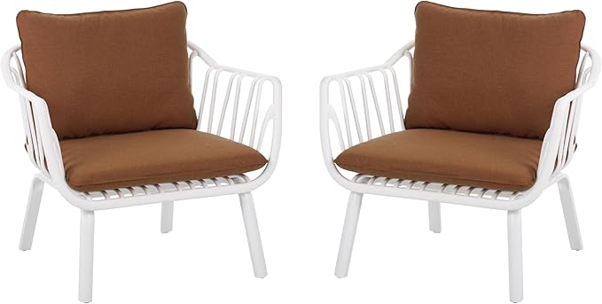 Christopher Knight Home Set of 2 Huron Indoor/Outdoor Polypropylene and Iron Frame Club Chairs, Patio Conversation Seating/Armchair for Garden, Backyard, Poolside, Removable Cushions, White+Brown