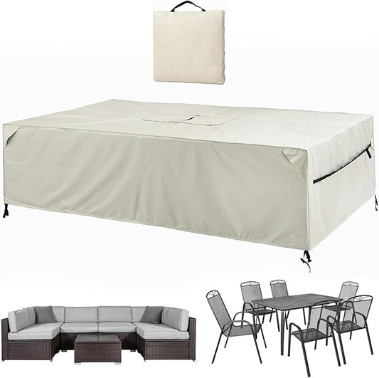 Patio Furniture Covers Waterproof - 420D Outdoor Table and Chair Set Cover with Built-in Storage Bag - Rectangular Patio Table Cover for 8-Seat Dining Set or Sectional Sofa - Beige