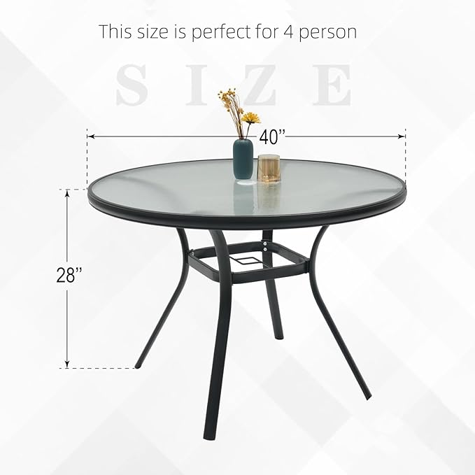 Anmutig 40 inch Outdoor Round Glass Patio Dining Table for 4 Person with Umbrella Hole - Black Frame