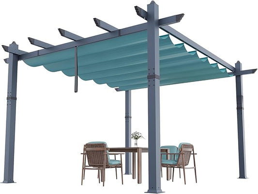 GarveeLife 10x13 ft Outdoor Pergola Metal Gazebo with Adjustable Canopy Reinforced Frame Outdoor Shelter for Backyard Garden Deck - Blue