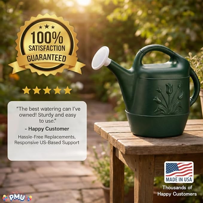 PMU 2 Gallon Watering Can - Garden Watering Can for Indoor & Outdoor Plants - Plastic Water Can with Detachable Sprinkler Head - Large Water Pot, Made in USA - Hunter Green Pkg/12
