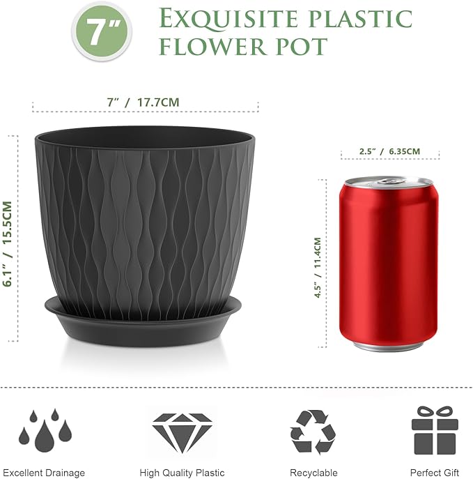 WSMKSZ 7 inch Plant Pots, 5 Pack Flower Pots with Drainage Holes and Saucers for Indoor Plants, Plastic Planters with Water Ripple for Small Garden House Plants, Nursery Pots for Succulent, Black