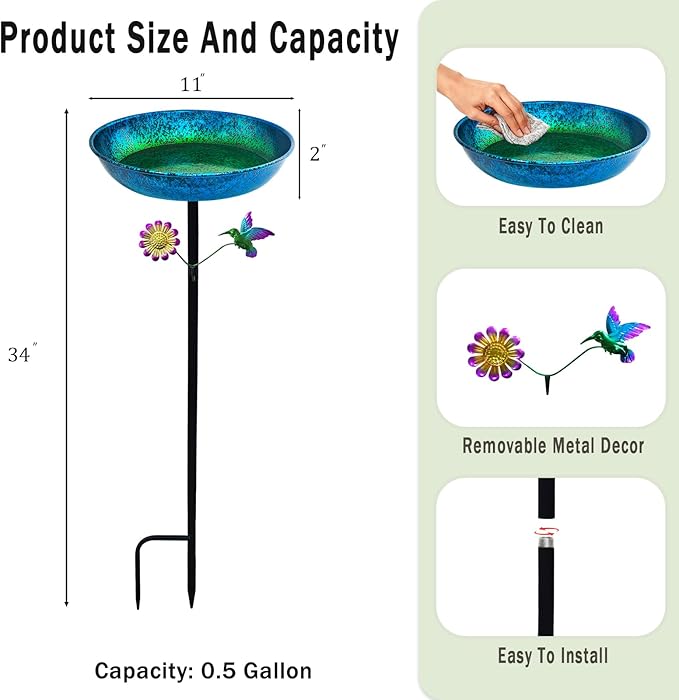Freestanding Bird Bath with Metal Stake - 11” Metallic Blue & Green Metal Birdbath Bowl & Feeder Outdoor Garden Yard Decor