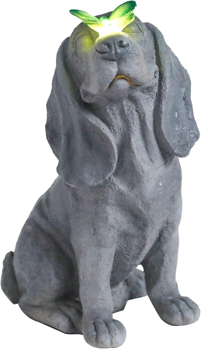 Garden Statue Dog Figurines - Outdoor Dog Statue with Solar Butterfly Lights for Patio Yard Art Decor Balcony Lawn Ornament, Ideal Housewarming Gardening Gifts for Mom