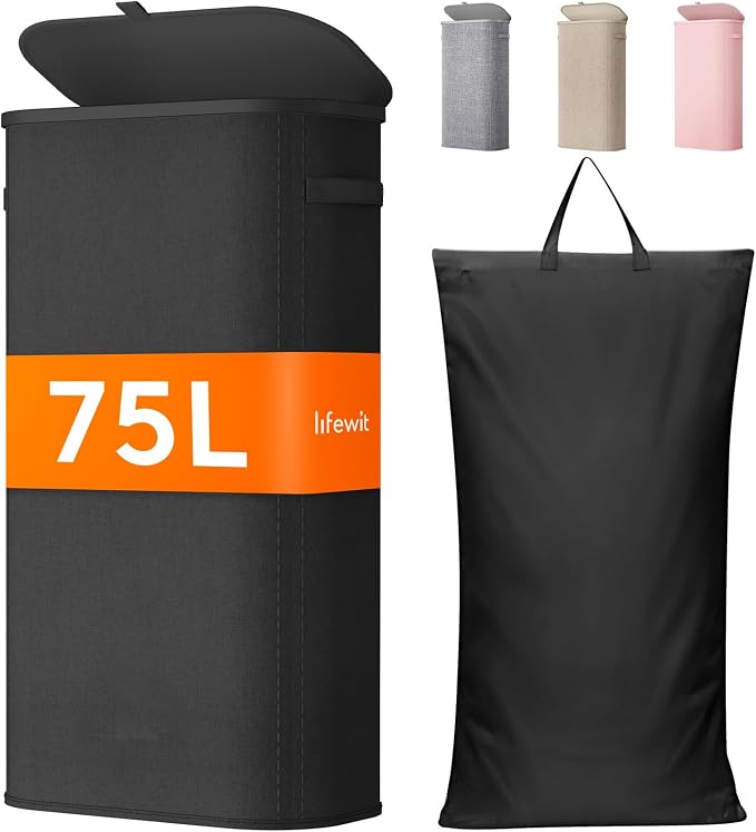 Lifewit Slim Laundry Basket with Lid and Removable Bag, 75L, Black | Collapsible Narrow Laundry Hamper, Skinny Washing Basket with Plastic Frame, Dirty Clothes Organiser for Laundry, RV, Dorm