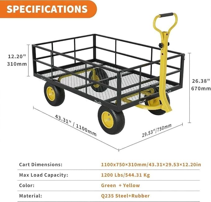 Heavy Duty Steel Garden Cart, 1200 LBS Load Capacity Garden Wagon with 10 inch Tire and 180° Rotating Handle Attach to ATV or Tractor Blac