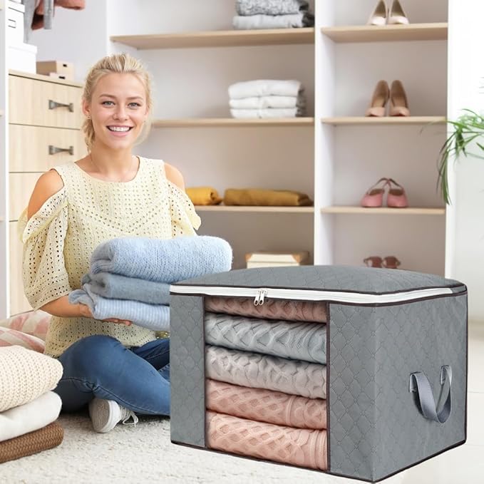 combocube Comforter Storage Bag, Zippered Bag with Large Clear Window and Carry Handles, Space Saver Organizers for Closet, Blanket, Pillow, Quilt, Bedding, Clothes (4Pcs Grey Large)