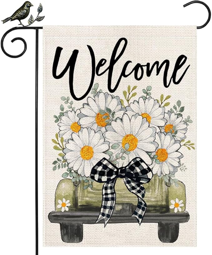 GEEORY Daisy Eucalyptus Truck Welcome Garden Flag 12x18 Inch, Double Sided Spring Summer Small Floral Flag, Farmhouse Rustic Outdoor Outside Yard Lawn Decoration