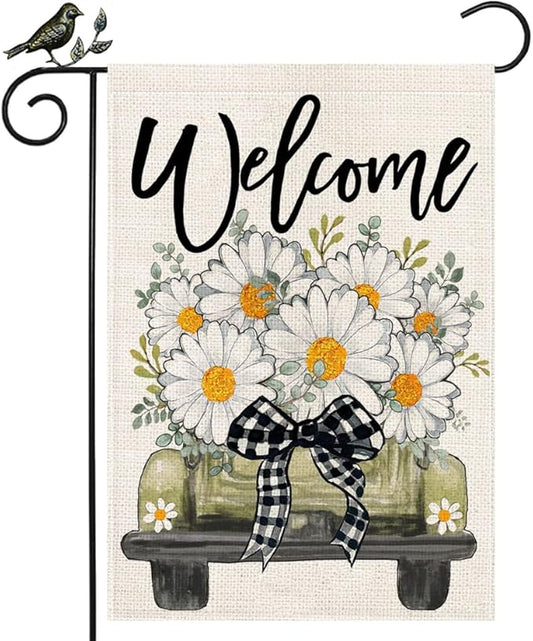 GEEORY Daisy Eucalyptus Truck Welcome Garden Flag 12x18 Inch, Double Sided Spring Summer Small Floral Flag, Farmhouse Rustic Outdoor Outside Yard Lawn Decoration