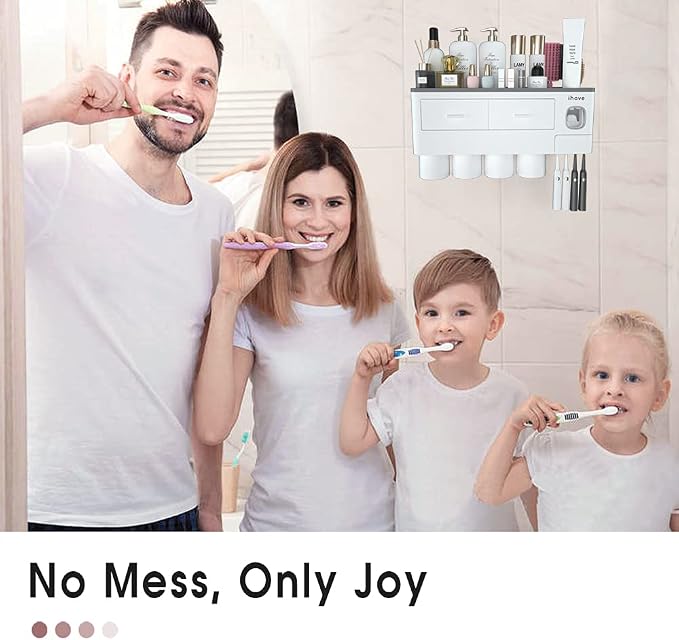 iHave Toothbrush Holders Wall Mounted with Toothpaste Dispenser & 4 Cups