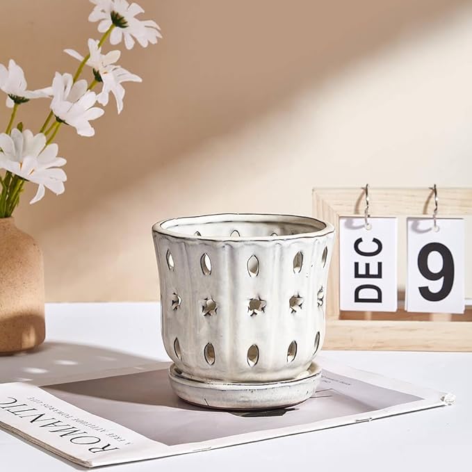 Orchid Pots with Holes Attached Saucers 5 Inches - 2 Pcs Small Ceramic Pots for Repotting, Decorative Ceramic Orchid Planter with Hole for Healthy Root Growth (White and Blue)