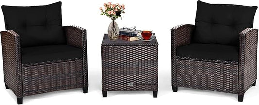 Tangkula 3 Pieces Patio Furniture Set, PE Rattan Wicker 3 Pcs Outdoor Sofa Set w/Washable Cushion and Tempered Glass Tabletop, Conversation Furniture for Garden Poolside Balcony (Black)