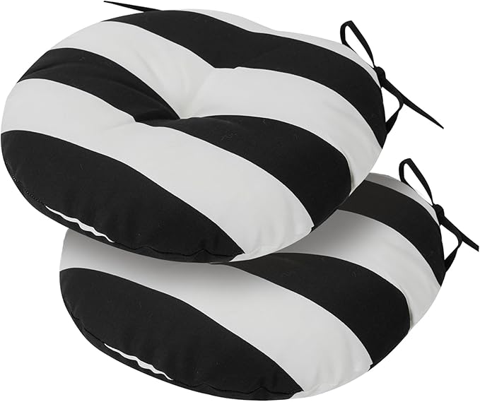 Bistro Chair Cushions 15 inch,Set of 2,Tufted Round Chair Cushions with Ties,15"x15"x4",Water Resistant Round Seat Cushion for Barstool Chairs,Patio Garden Kitchen Outdoor Furniture(Black White)